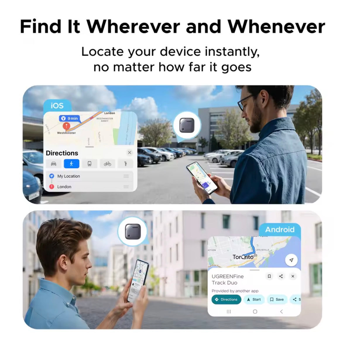 UGREEN (Dual System Compatibility) Smart Finder For Apple Find My (iOS) & Find Hub App (Android) Bluetooth Tracker Card